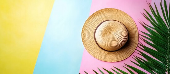 Poster - Summer vacation holiday travel and tourism theme Sun hat made of straw tropical palm leaves on a background of white yellow blue and pink paper Top view of the summer concept with space for text