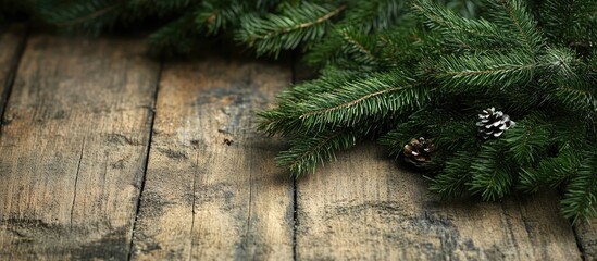 Fototapete - Christmas tree scattered on aged wood Tinted. with copy space image. Place for adding text or design
