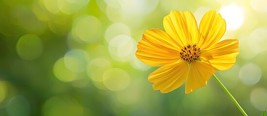 Aufkleber - Closeup of a yellow Cosmos flower against a blurred green background in sunlight featuring copy space suitable for a natural flora landscape ecology cover page concept