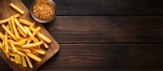 Poster - Delicious french fries on a cutting board set against a wooden table background. with copy space image. Place for adding text or design