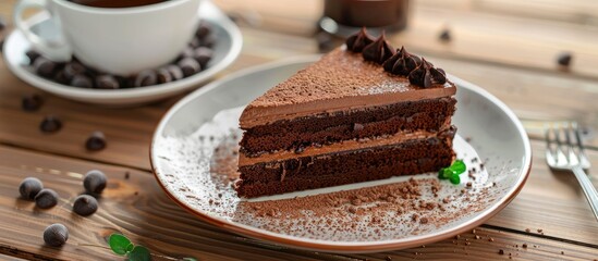Aufkleber - Plate with a slice of delicious homemade chocolate cake on the table. with copy space image. Place for adding text or design