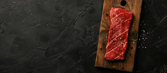 Poster - Raw flank or bavette beef steak on a wooden cutting board against a black background Top view Copy space