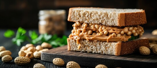 Poster - peanut butter sandwich with ingredients on a cutting board set against a black wooden table background. with copy space image. Place for adding text or design