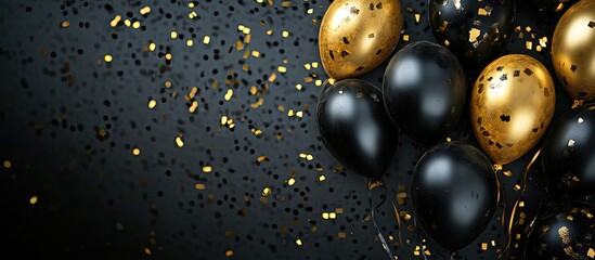 Poster - Birthday party backdrop Gold and black colors Flat lay top view. with copy space image. Place for adding text or design