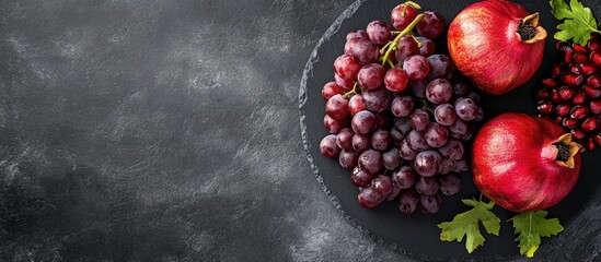 Fototapete - grapes and pomegranate on a black slate plate with copyspace