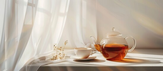 Aufkleber - Background concept for tea time featuring a tea jug and cup on a table set against a white backdrop with copy space for a mock up in celebration of World Tea Day