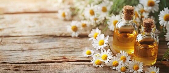 Poster - Bottles of chamomile essential oil and flowers on a wooden table with space for text. with copy space image. Place for adding text or design