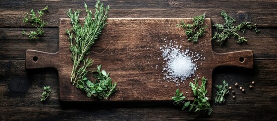 Leinwandbilder - Wooden cutting board with herbs and salt on a dark wooden background top view copyspace
