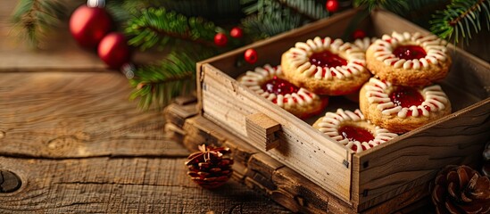 Aufkleber - Homemade classic Christmas linzer cookies in a box on a rustic wooden board with copyspace