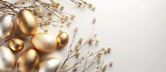Poster - Golden Easter eggs alongside willow branches on a white background copy space