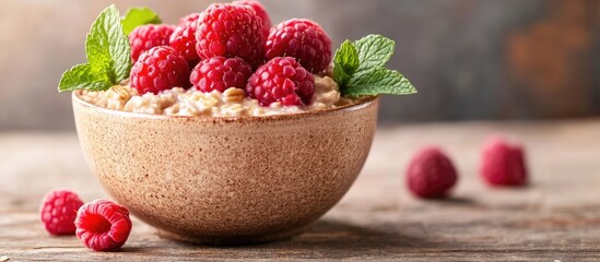 Poster - Oatmeal with fresh raspberries makes for a nutritious breakfast featuring oatmeal porridge in a ceramic bowl topped with ripe berries and mint against a wooden backdrop. with copy space image