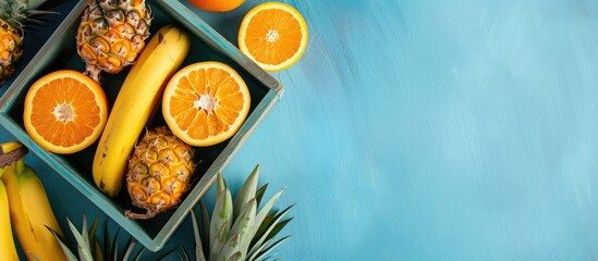Aufkleber - Tropical fruits pineapples bananas and oranges in a wooden tray on a pastel blue background Copy space