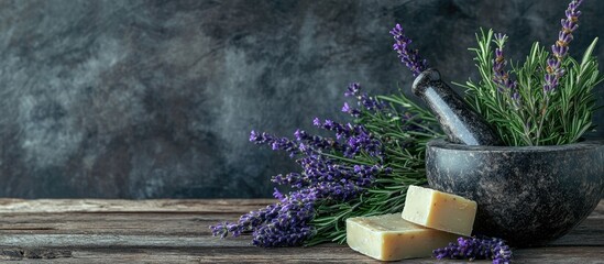 Poster - Spa or herbal medicine theme mortar and pestle soap bouquet of lavender and rosemary on a rustic wooden backdrop with copyspace