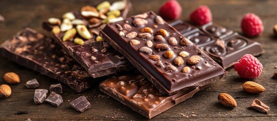 Leinwandbilder - Organic pieces of hazelnut almond raspberry pistachio dark and milk chocolate bars are set against a background Cocoa beans and various chocolate bars are arranged on a wooden surface