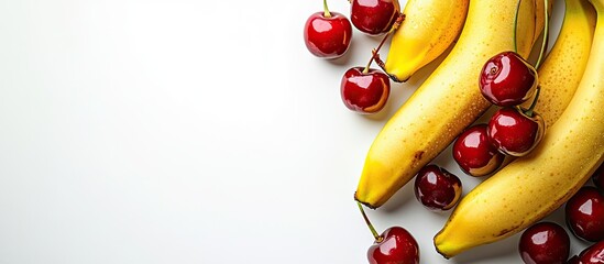 Leinwandbilder - Close up of bananas and cherries placed together on a white background Isolated tropical fruits with copy space Natural healthy food Fruits for desserts