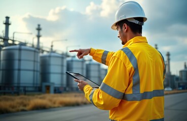 Aufkleber - Oil refinery worker in safety gear uses tablet for inspection. Man in bright yellow uniform, hardhat points at refinery equipment. Inspects tanks, pipes at plant. Focus on industrial work, tech.