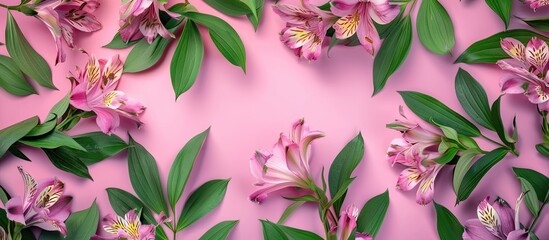 Aufkleber - Lovely pink and purple alstroemeria flowers surrounded by green leaves on a pink backdrop Peruvian Lily Copy space