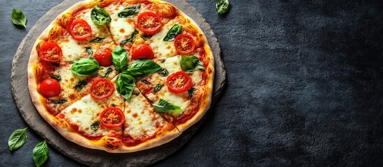 Aufkleber - Pizza Margherita on a stone surface viewed from above Close up of Pizza Margherita featuring tomatoes basil and mozzarella cheese showcasing traditional Italian pizza with mozzarella copy space Del