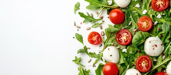 Poster - Nutritious salad featuring mozzarella cheese arugula lettuce leaves spinach tomatoes and sunflower seeds Top view copy space White background