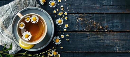 Poster - Cup of chamomile tea with dried flowers and lemon slices on a black wooden table. with copy space image. Place for adding text or design