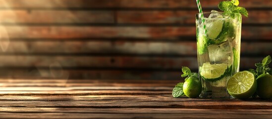 Fototapete - Mojito cocktail or soda beverage featuring lime and mint set against a wooden background High quality image. with copy space image. Place for adding text or design