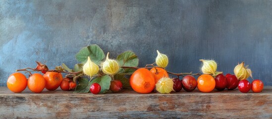 Leinwandbilder - Cape gooseberry physalis and winter cherry on a wooden surface. with copy space image. Place for adding text or design