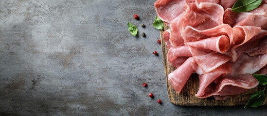 Aufkleber - Thin slices of pork ham resting on a wooden kitchen table Gray backdrop Top view. with copy space image. Place for adding text or design