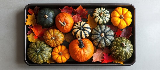 Poster - Top view of a tray filled with various pumpkins and autumn leaves. with copy space image. Place for adding text or design