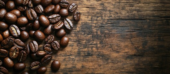Aufkleber - Coffee beans on a wooden background macro close up for design purposes. with copy space image. Place for adding text or design
