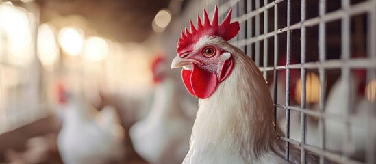 Poster - White rooster in a chicken coop looking to the left with a copy space area Organic poultry in a home farm in the village