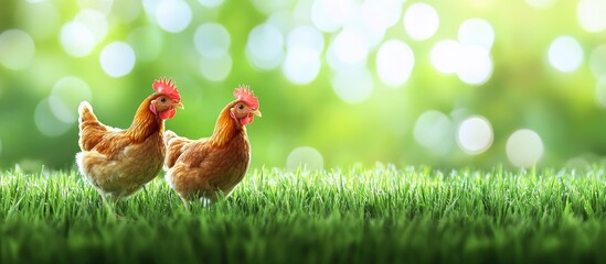 Poster - Brown chickens walk on the green grass. with copy space image. Place for adding text or design