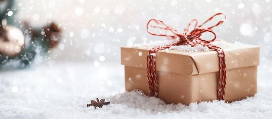Poster - Merry Christmas and happy new year eco friendly gift Radiant snow bokeh Winter festivities on a white background Zero waste plastic free. with copy space image. Place for adding text or design