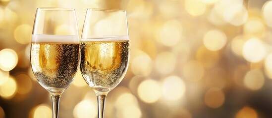 Poster - New Year s Eve celebration with a blurry background featuring glasses of champagne Vintage gold fireworks and bokeh enhance the New Year s atmosphere providing copy space Holiday backdrop