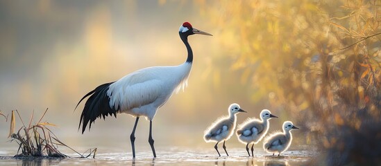 Poster - Red crowned Crane Family Hokkaido Community. with copy space image. Place for adding text or design