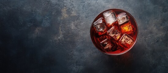 Fototapete - Americano cocktail consisting of red vermouth bitters soda water and ice cubes presented from a top view. with copy space image. Place for adding text or design