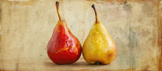 Aufkleber - Square vintage textured paper background featuring red and yellow pear fruit. with copy space image. Place for adding text or design