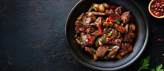 Poster - Japanese oyster mushrooms stir fried with beef and garlic. with copy space image. Place for adding text or design