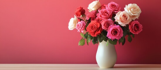 Leinwandbilder - Vase containing lovely rose flowers on a colored wooden table. with copy space image. Place for adding text or design