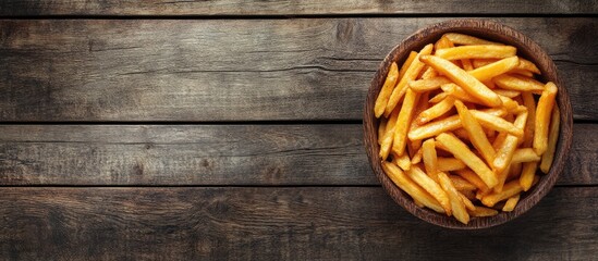 Poster - French fries on an old wooden table Top view. with copy space image. Place for adding text or design