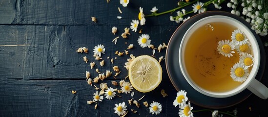 Poster - Cup of chamomile tea with dried flowers and lemon slices on a black wooden table. with copy space image. Place for adding text or design