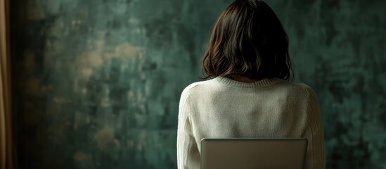 Poster - Unrecognized woman seen from the back looking at a laptop. with copy space image. Place for adding text or design