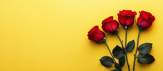 Leinwandbilder - Roses set against a yellow background. with copy space image. Place for adding text or design