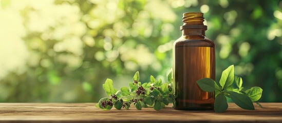 Poster - Essential oil in a bottle with oregano twigs on a wooden table set against a blurred green background closeup Room for text. with copy space image. Place for adding text or design