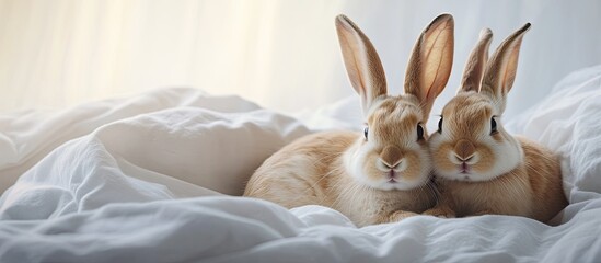 Poster - Two Easter bunnies in the bed. with copy space image. Place for adding text or design