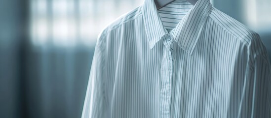 Aufkleber - Closeup of a long sleeved white striped shirt hanging. with copy space image. Place for adding text or design
