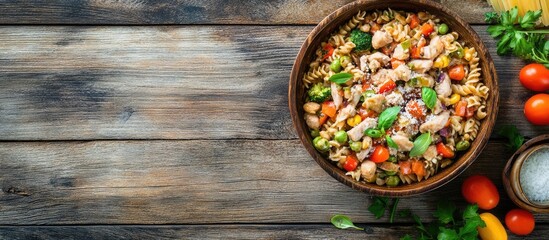 Poster - tuna pasta salad and vegetable dish healthy meal snacks on the table copyspace food background rustic top view