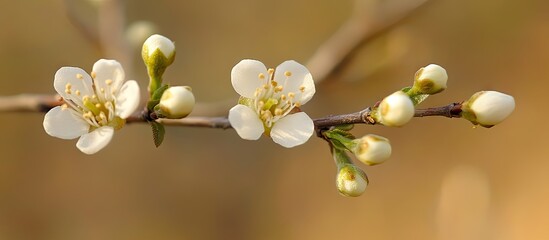 Leinwandbilder - Close up of white blossoming blackthorn flowers and unopened buds on a sloe tree twig Prunus spinosa Blurred background with copy space