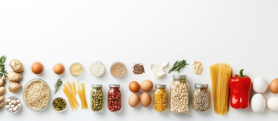 Aufkleber - Food arrangement buckwheat pasta vegetables canned goods eggs and vegetable oil against a white background Food delivery donations Food supply inventory on a white backdrop Top view copy space