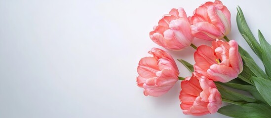 Leinwandbilder - Vibrant pink salmon parrot tulips on a white background with copy space top view ideal for a celebration card decoration or wallpaper concept
