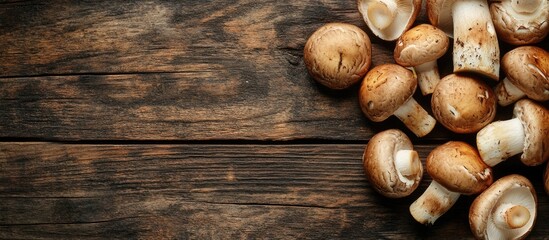 Fototapete - Fresh brown champignon mushrooms on an aged wooden table Copy space Top view